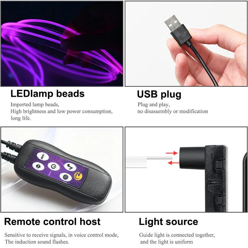 Car interior USB LED atmosphere light with colour-changing function installed along centre console