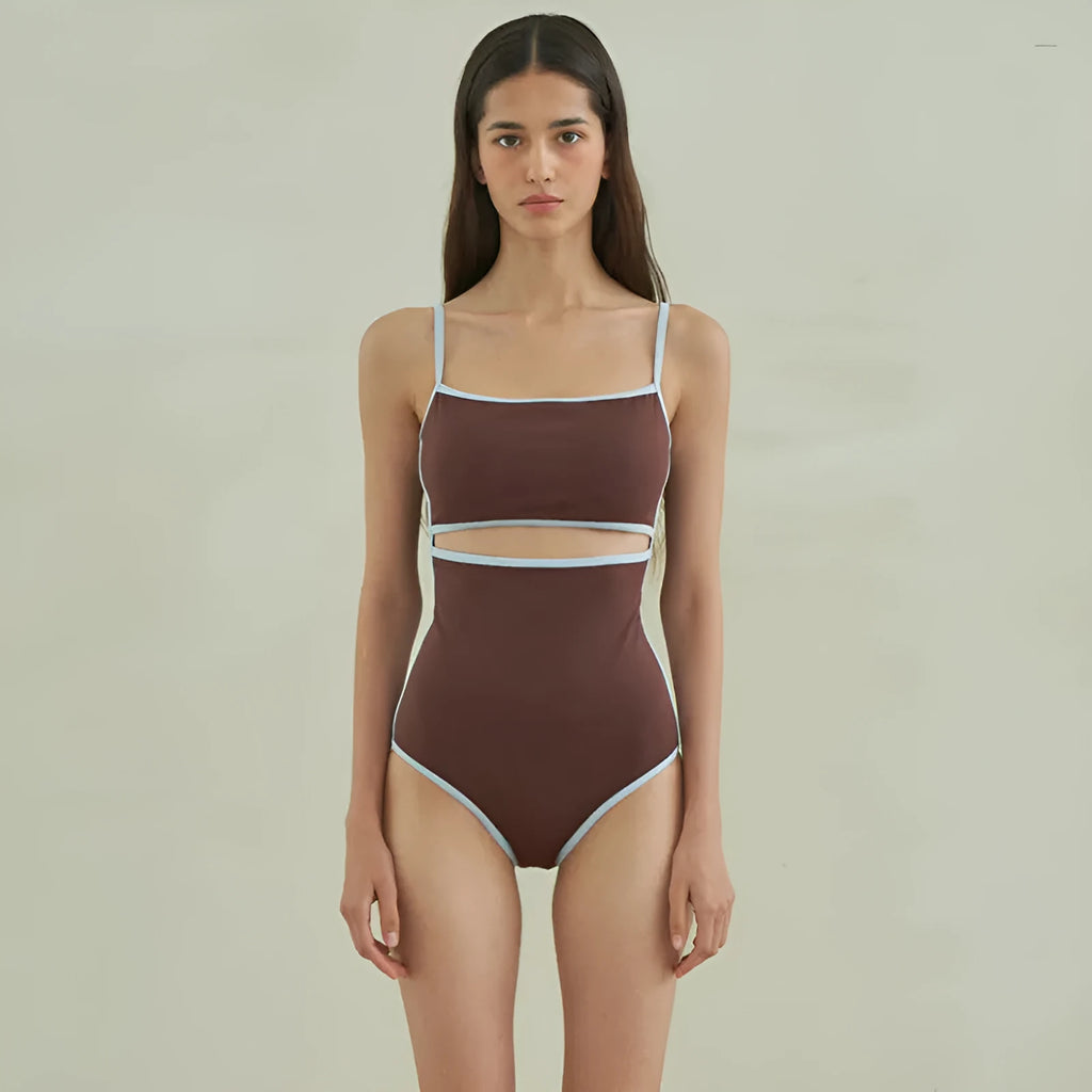 Brown one-piece swimsuit for women with triangle neckline on a mannequin