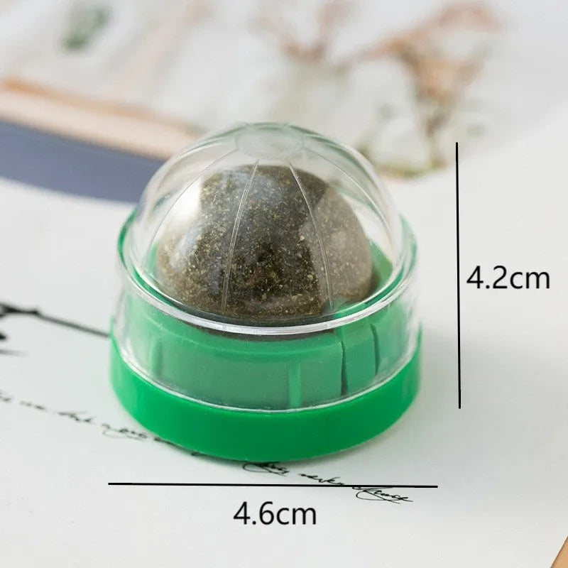 Plastic catnip ball toy with teeth cleaning design in various colours including pink, blue, green, and avocado mint