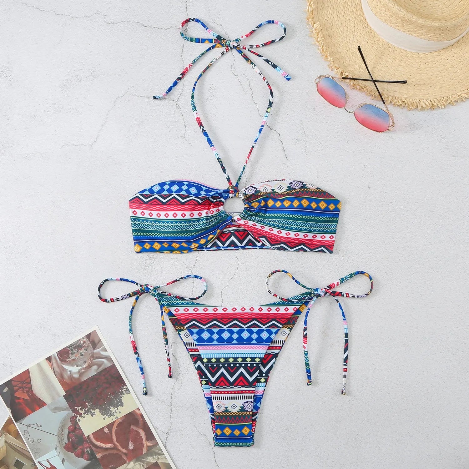 Women's halter-neck split bikini swimsuit in polyester fabric available in multiple colours