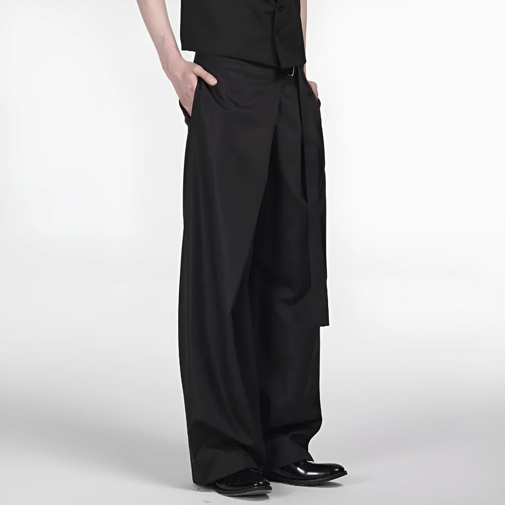 Black women's straight-leg trousers with single pleat front and adjustable waistband