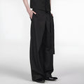 Black women's straight-leg trousers with single pleat front and adjustable waistband