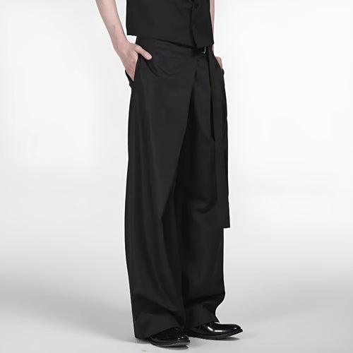 Black women's straight-leg trousers with single pleat front and adjustable waistband