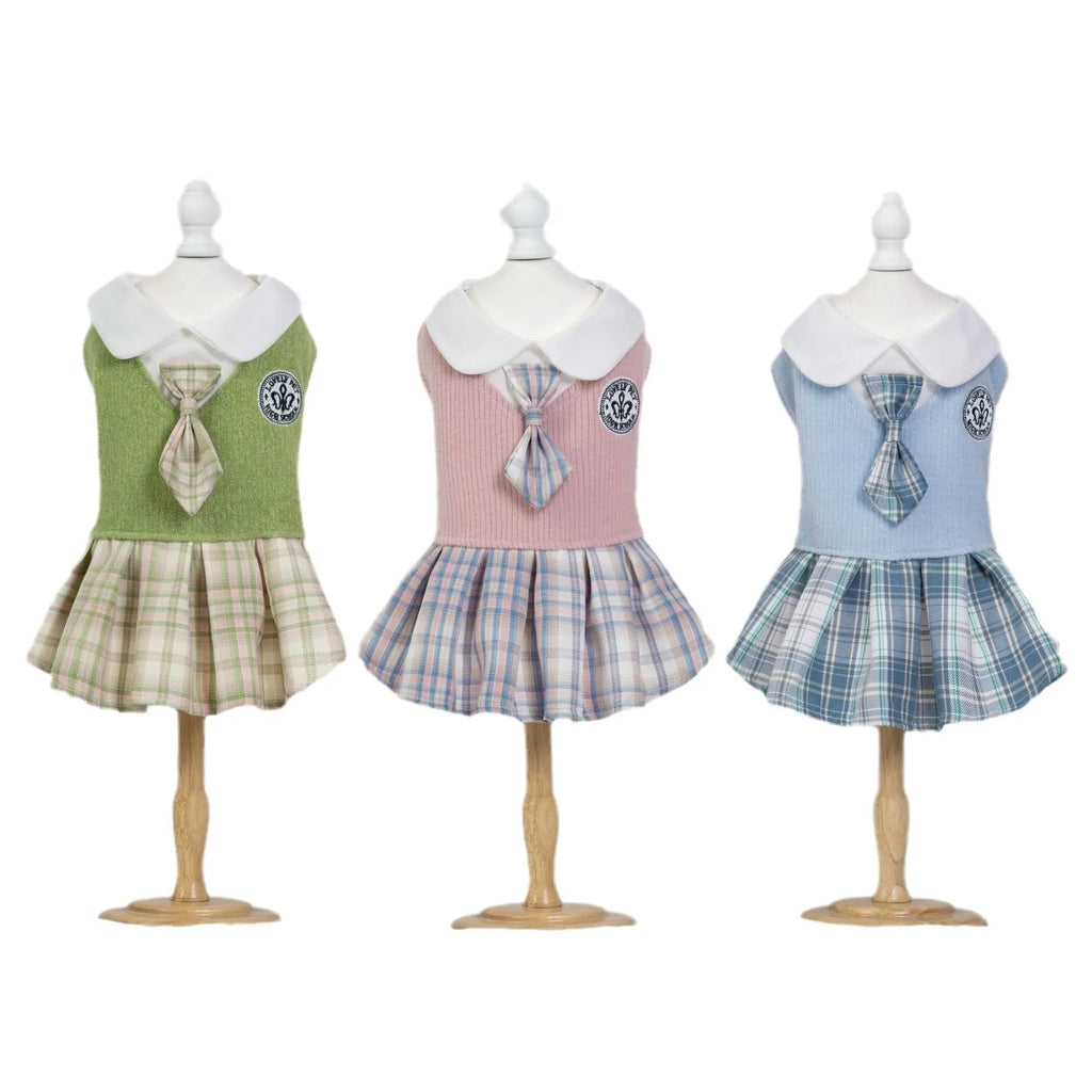 Tartan pattern skirt for a pet dog or cat in princess style, shown in blue colour.