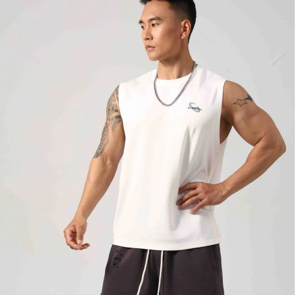 Men's black Korean style loose cotton fitness vest showing side hidden hook closure.
