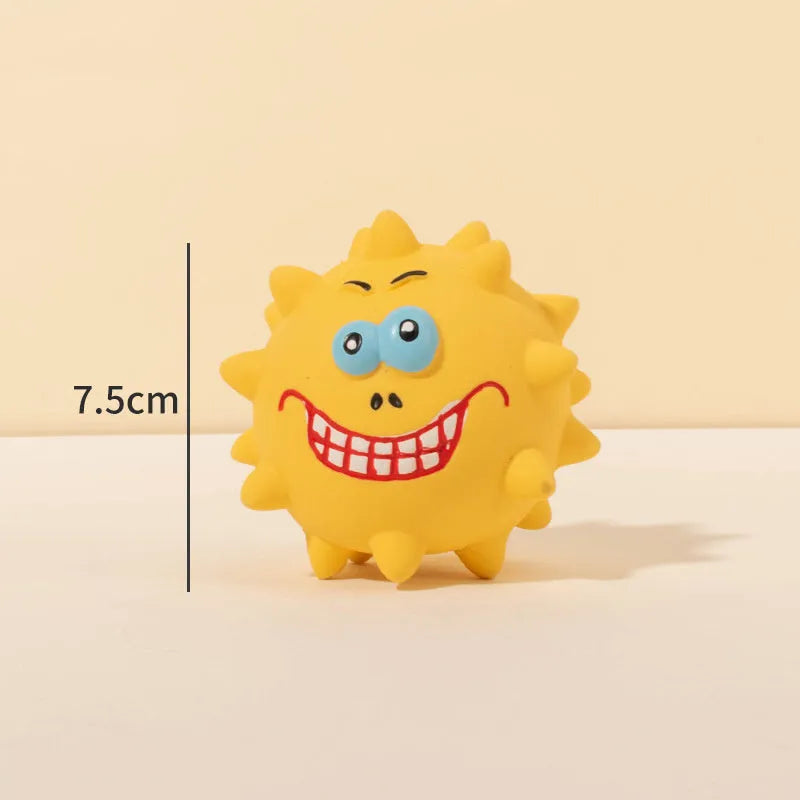 Four coloured natural latex squeaky dog balls with cute faces, each measuring 7.5cm