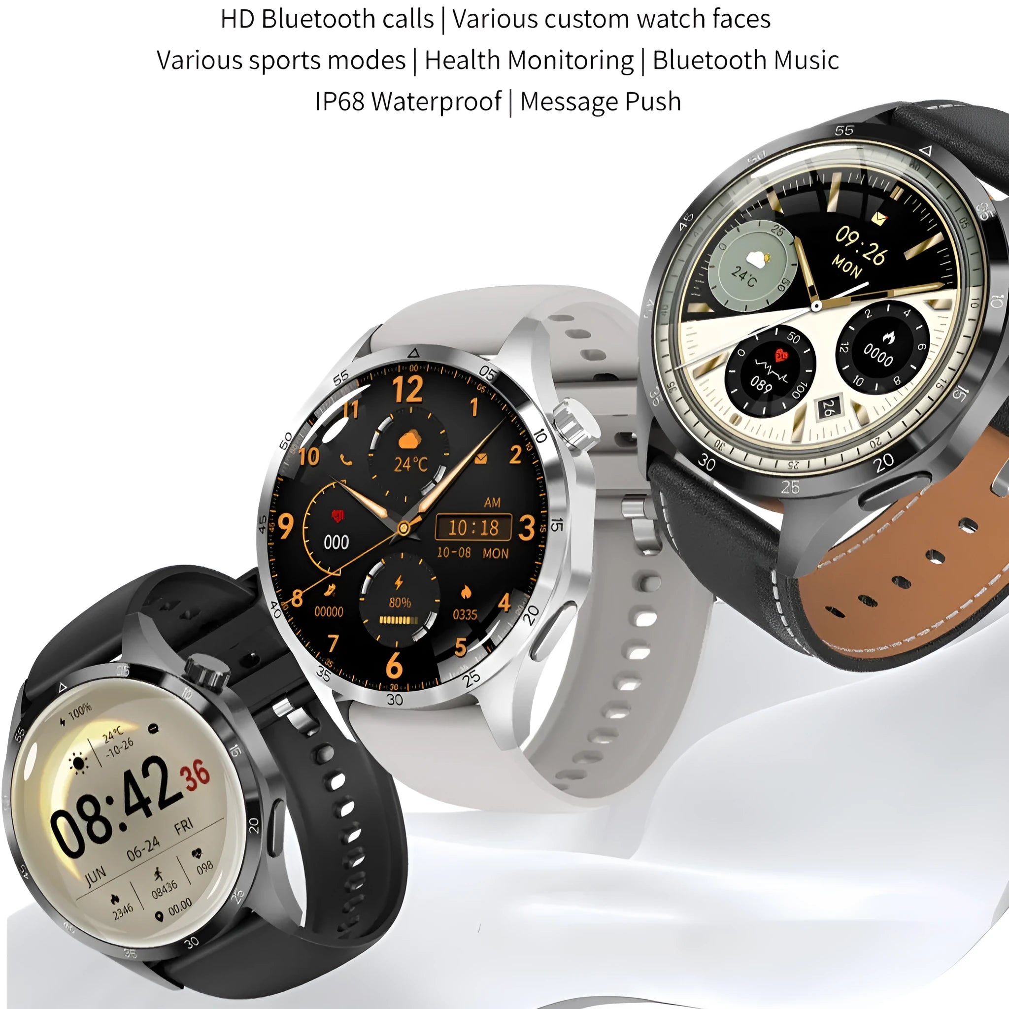 Black smartwatch with Bluetooth calling and health monitoring functions on a silicone strap.