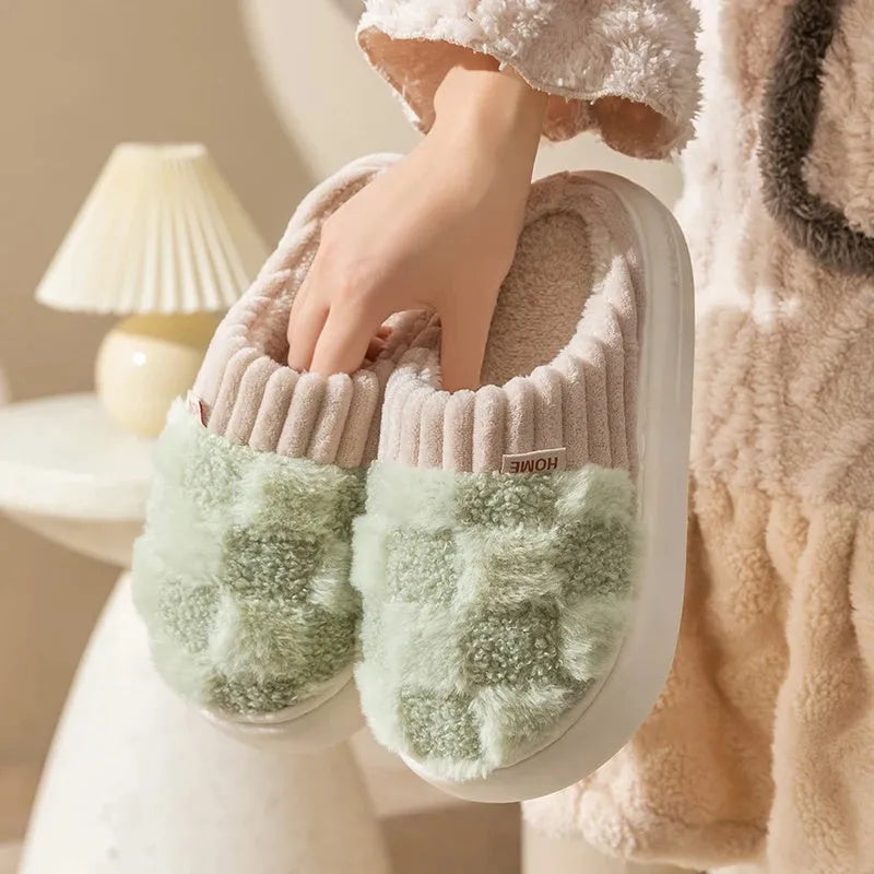 Women's plaid plush indoor slippers with anti-slip sole in multiple colour options