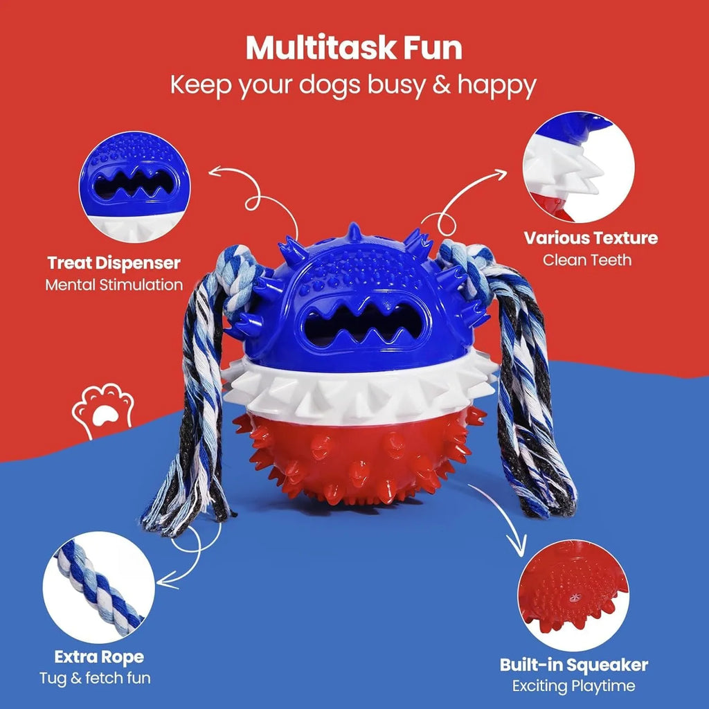 Blue and red ball-shaped dog chew toy with dental bumps and treat dispenser hole