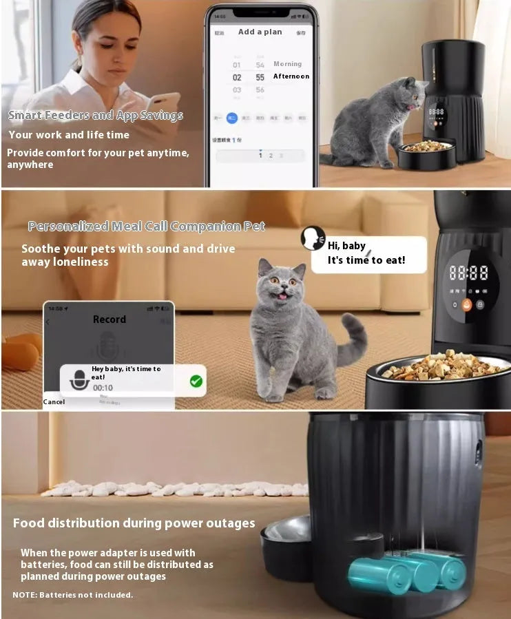 Black intelligent pet feeder with USB cable connection and food dispenser opening