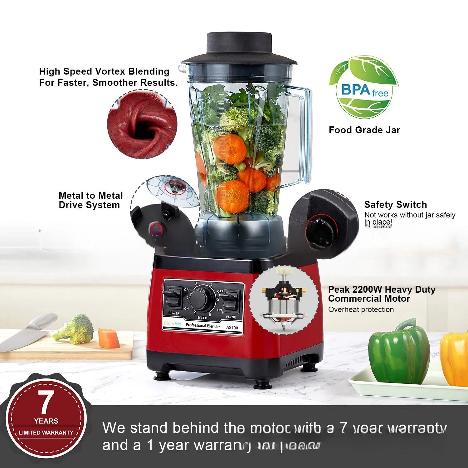 Red A8700 commercial blender with 2-litre jug and 2200W motor on a countertop.