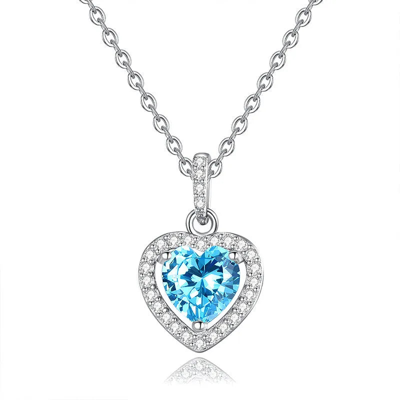S925 sterling silver heart necklace with natural gemstone pendant on an adjustable cross chain.