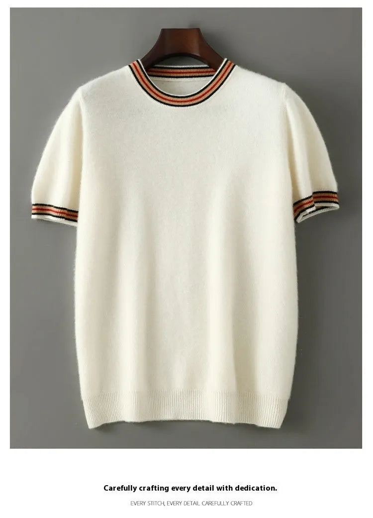 Men's short sleeve pure wool sweater in round neck pullover style shown in grey