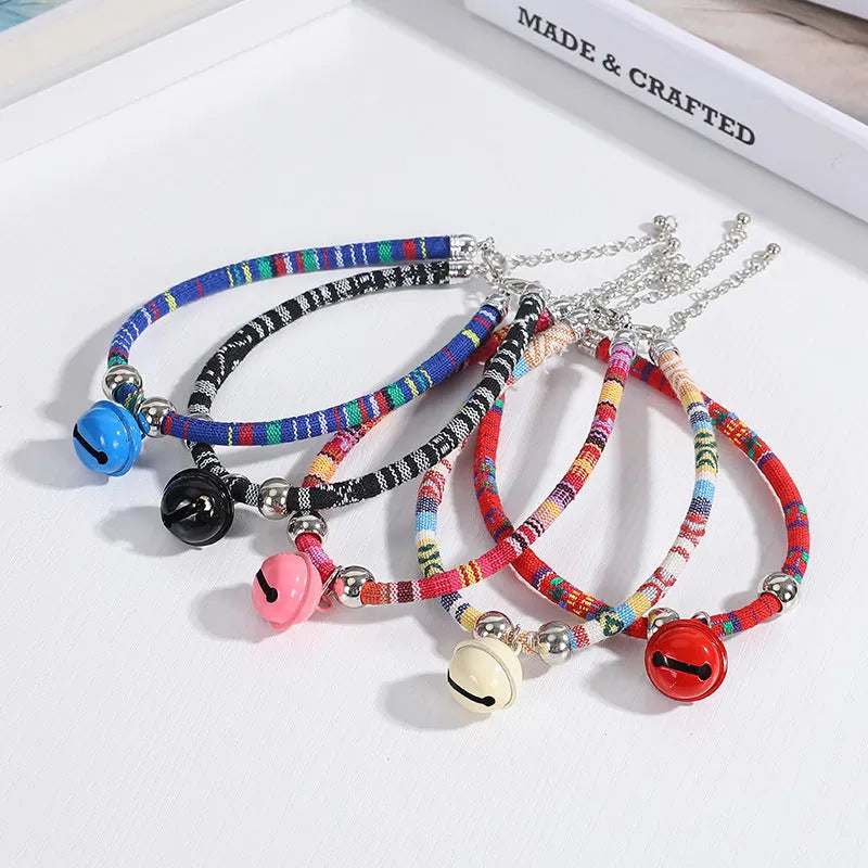 Ethnic pattern adjustable pet collar with bell attachment in multiple colour options