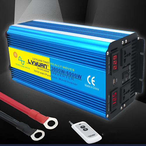 Blue 3000W pure sine wave power inverter with digital display and UK socket, remote control included.