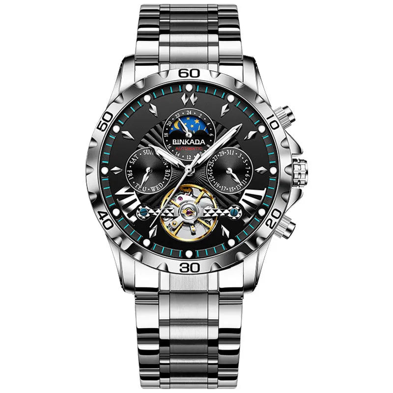 Full-automatic waterproof luminous mechanical watch with steel belt black 13mm thickness