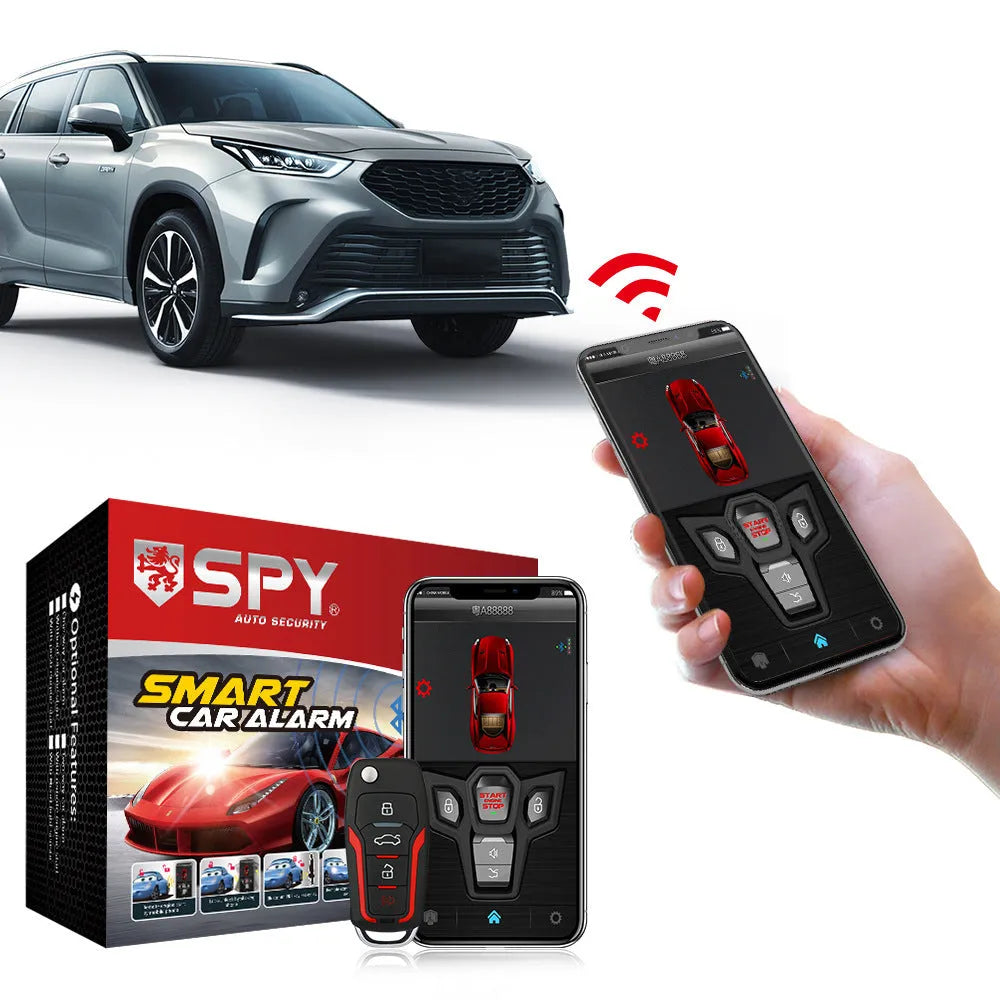 One-way car alarm system with red and frosted black casing, includes two remote controls for 3000 metre vehicle security