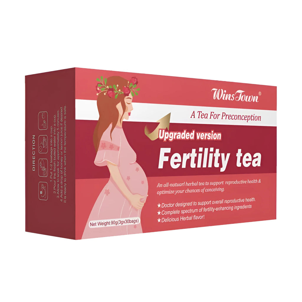 Box of fertility tea showing 3x30 bag packaging with 90 individual tea bags for reproductive health support