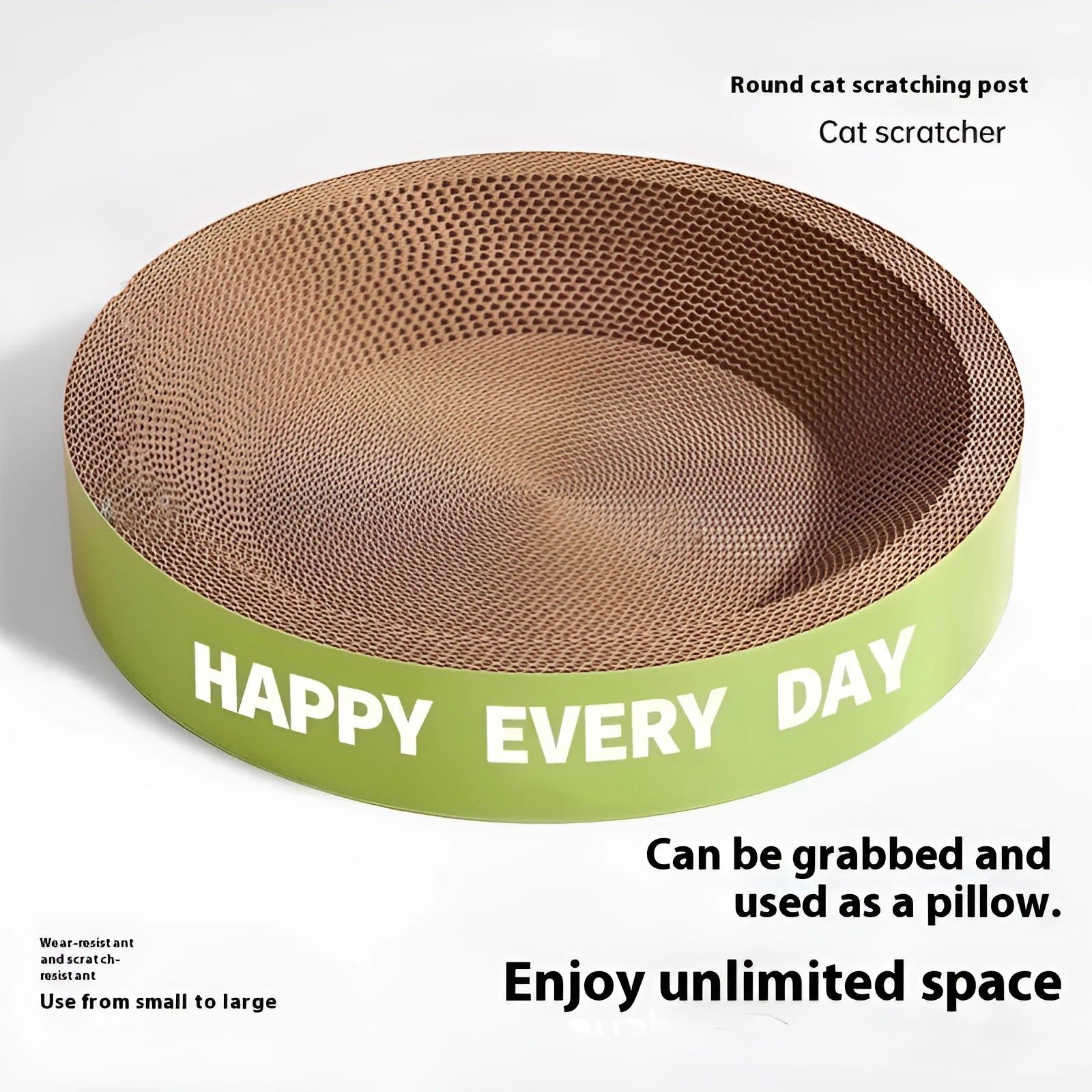 Green round cat scratching board nest bed with removable cushion, shown in 50cm and 55cm size options.