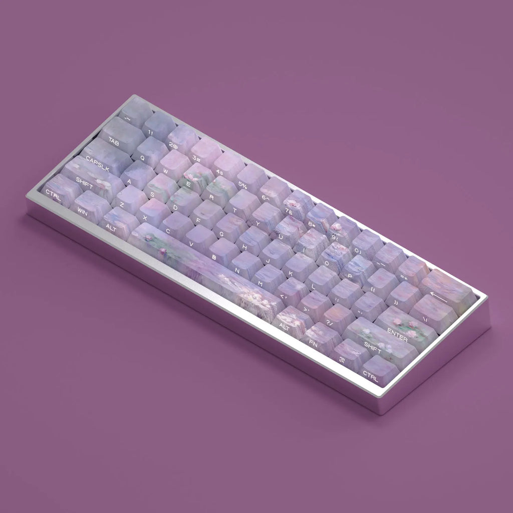 Sleeping lotus themed PBT keycap set with side-carved transparent characters for mechanical keyboards