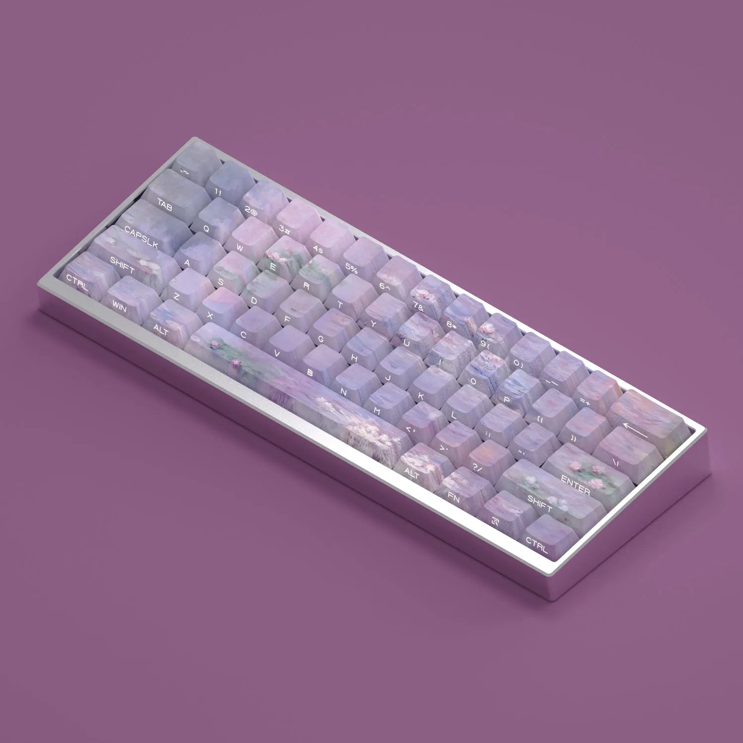 Sleeping lotus themed PBT keycap set with side-carved transparent characters for mechanical keyboards
