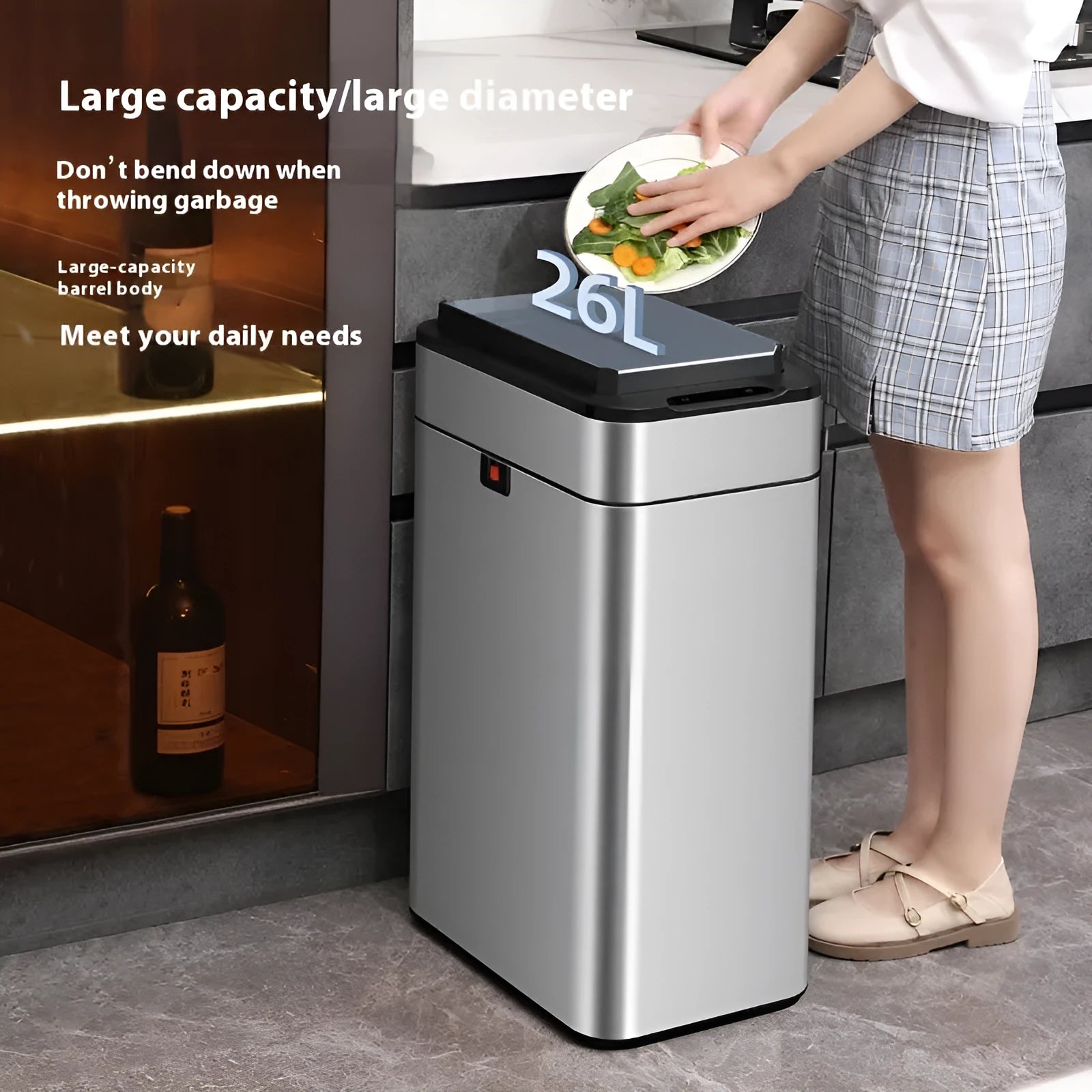 Stainless steel smart trash can with inductive lid and square shape on kitchen floor.