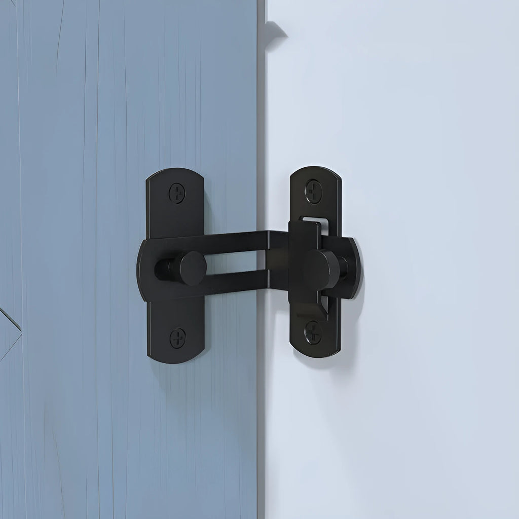 Black carbon steel and stainless steel sliding door lock with 90-degree hasp for barn and warehouse doors