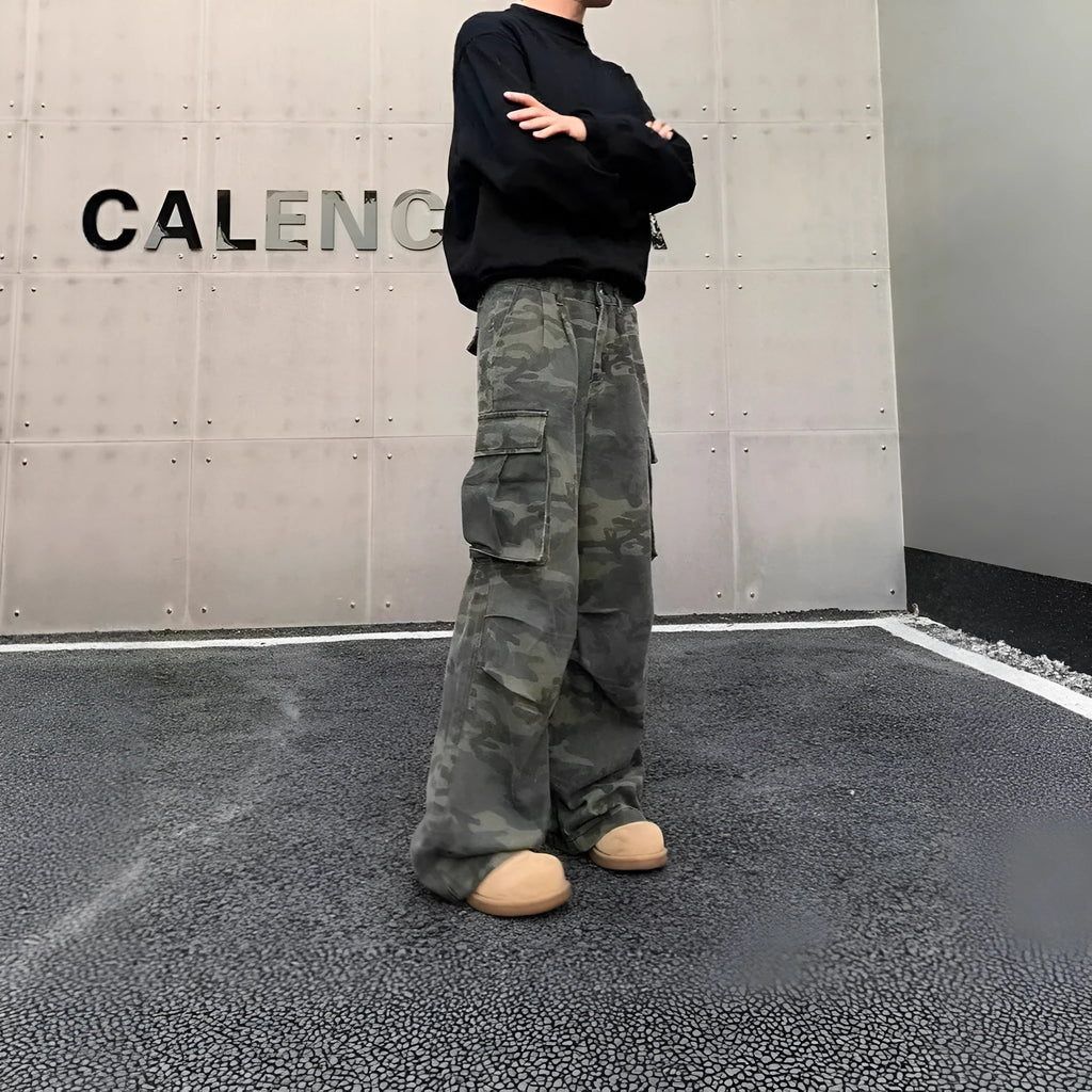 Washed camouflage cotton-blend cargo trousers with multiple pockets, shown in a Korean-style mid-waist fit.