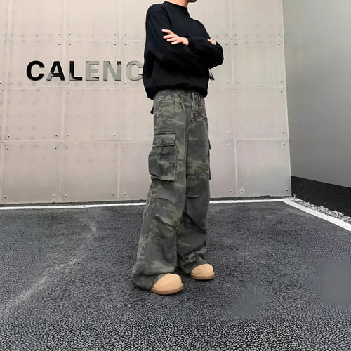 Washed camouflage cotton-blend cargo trousers with multiple pockets, shown in a Korean-style mid-waist fit.