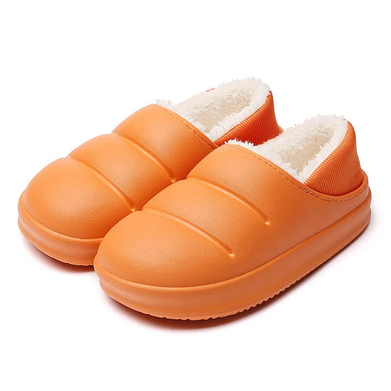 Waterproof couple cotton slippers in EVA material with non-slip sole and plush lining