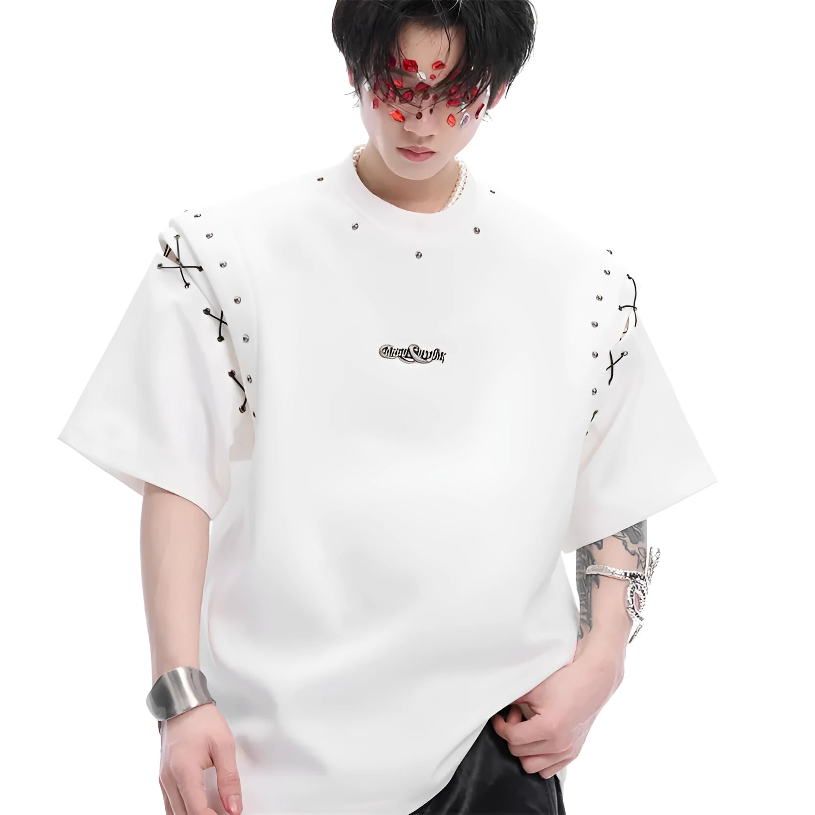 Black short sleeve T-shirt with a side cutout and white lace-up fastening detail.