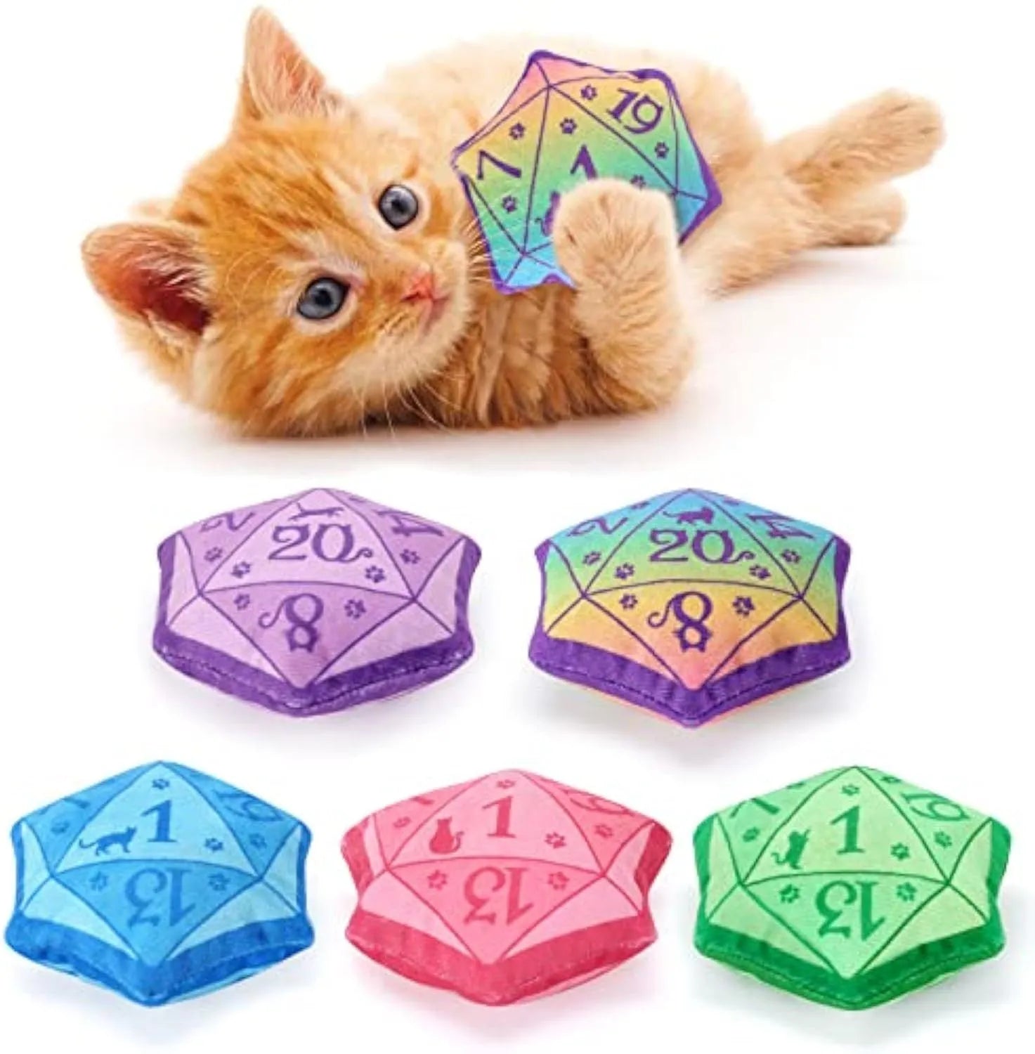 Dice-shaped plush catnip toy in various colours for DND tabletop game cat play