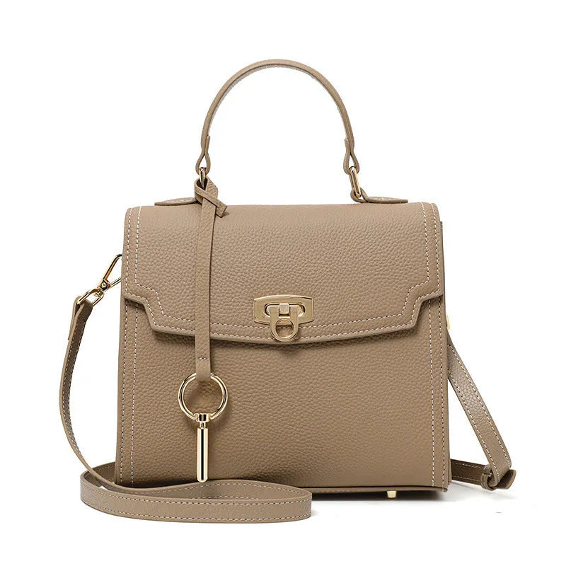 Elephant grey genuine leather vintage handbag with lock closure and square vertical design