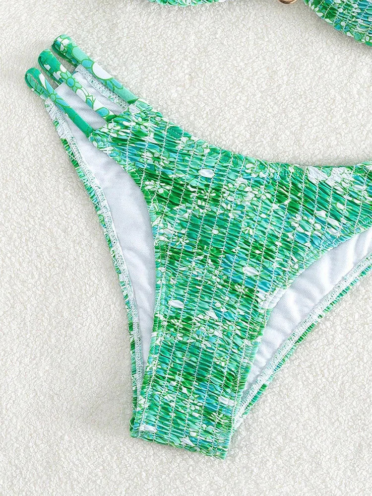 Women's high-waist floral bikini swimsuit in blue, orange, rose red, and pink colour options