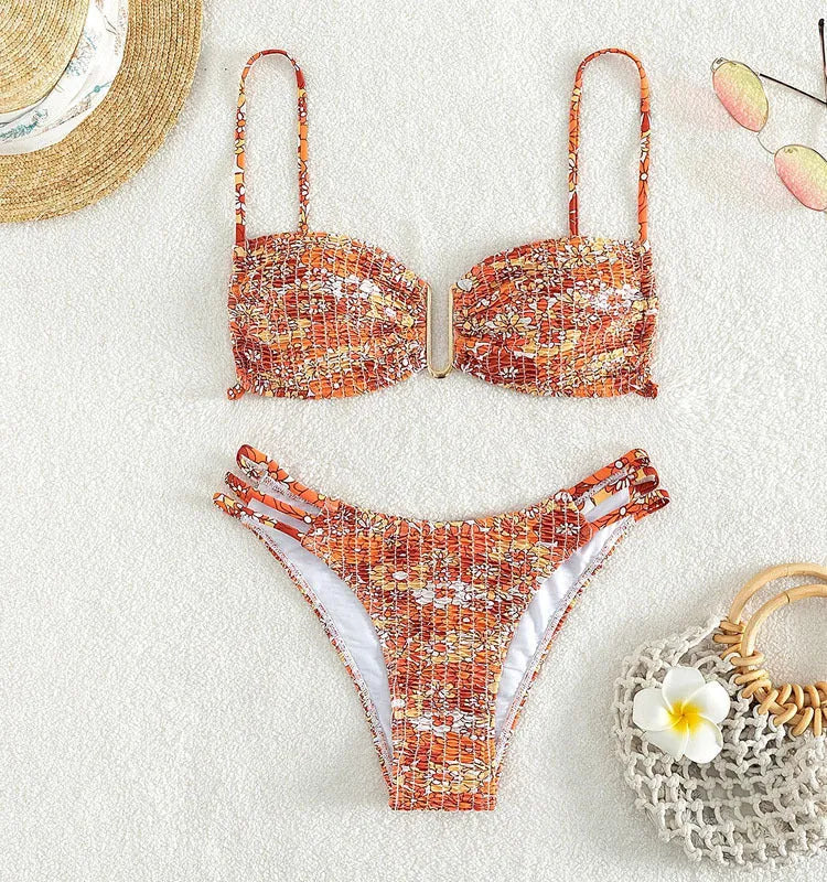 Women's high-waist floral bikini swimsuit in blue, orange, rose red, and pink colour options