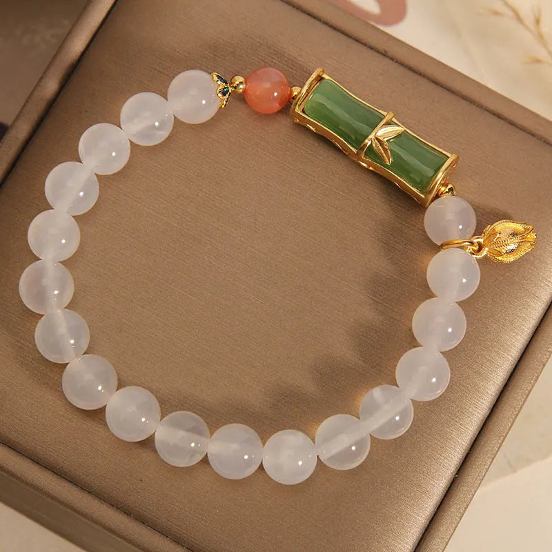 White agate jasper bamboo bracelet with jade beads, adjustable Chinese style women's jewellery
