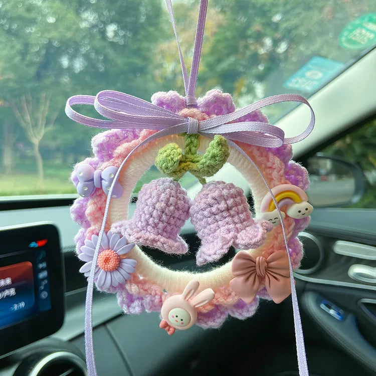 Woven wool bell orchid car hanger pendant in green colour with dream catcher accessory