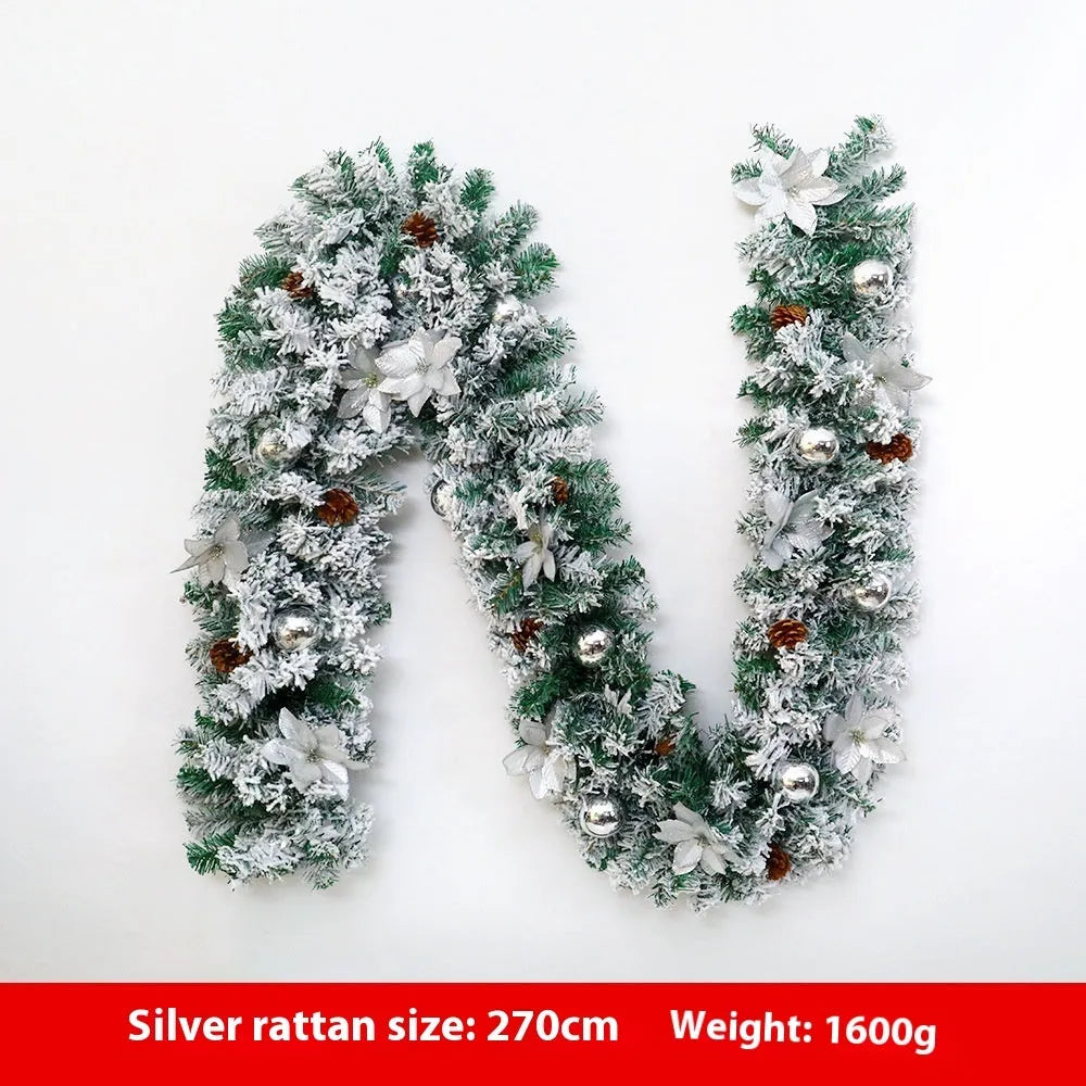 240cm artificial rattan Christmas garland with flocking decoration in golden colour