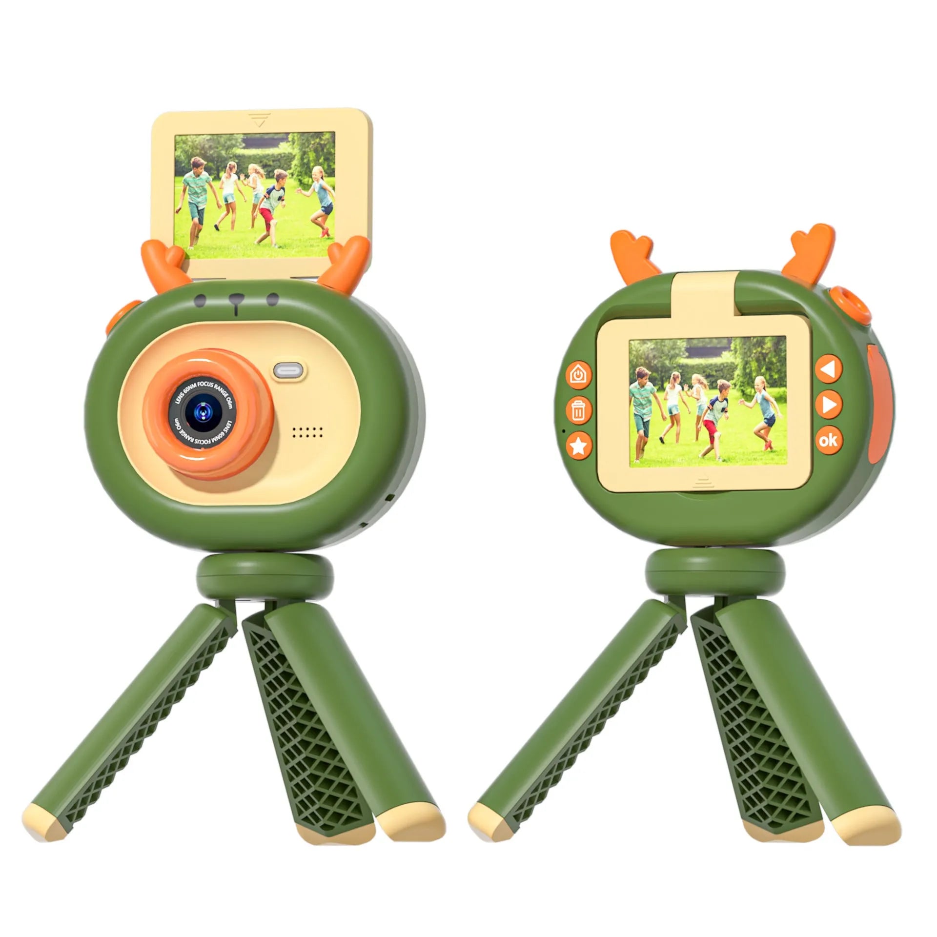 Purple and dark green children's digital camera with flip screen showing game interface and USB charging cable