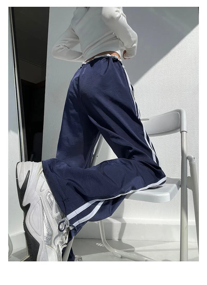 Women's ribbon parallel bars contrast colour loose straight slim draping trousers in thin fabric