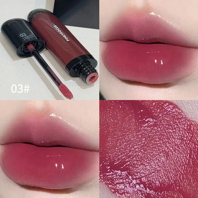 Black Shiny Makeup Mirror Lip Lacquer tube showing six colour options including tomato, orange brown, brown, rose, red, and sweet potato shades