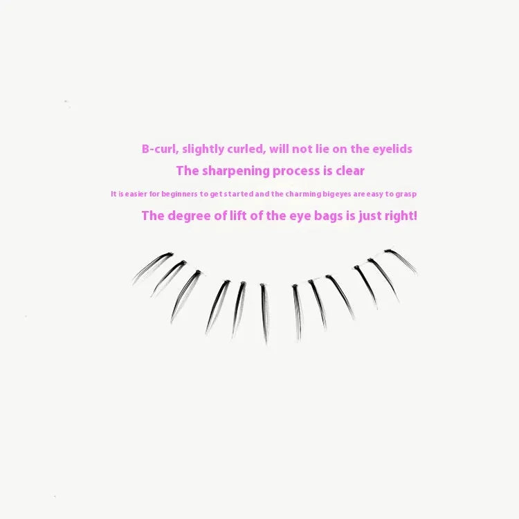 False eyelashes with kitten's paw lower lashes showing 12-row volume and graduated 4-5-6mm lengths