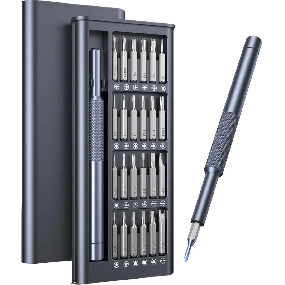 25-in-one screwdriver set with magnetic tip, chrome vanadium steel bits, and two ABS handle options on a white background