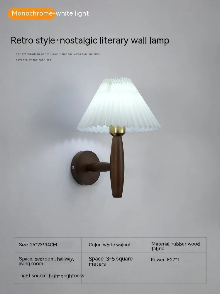 American retro style wooden wall lamp with fabric shade in walnut finish