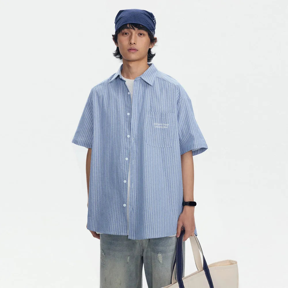 Blue striped overalls short-sleeved shirt in loose cardigan style made from cotton blend fabric