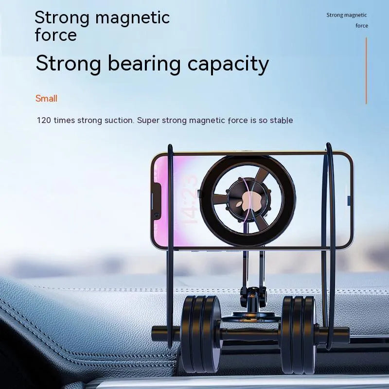 All-metal magnetic car phone holder in black, silver, gold, and rose gold with magnetic rings and adhesive pads.