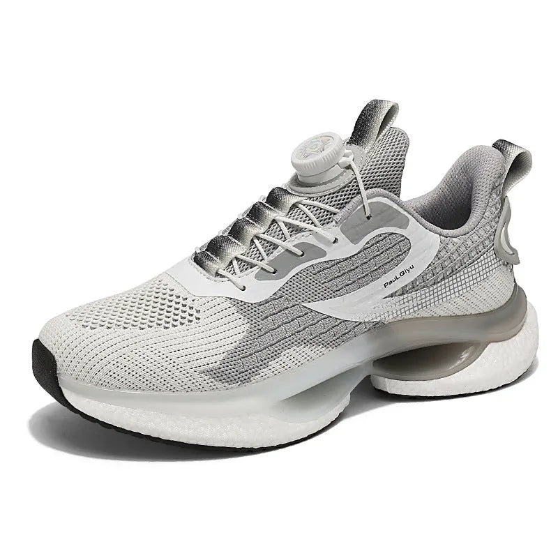 Men's white rotating button running shoes with breathable mesh upper and buckle fastening
