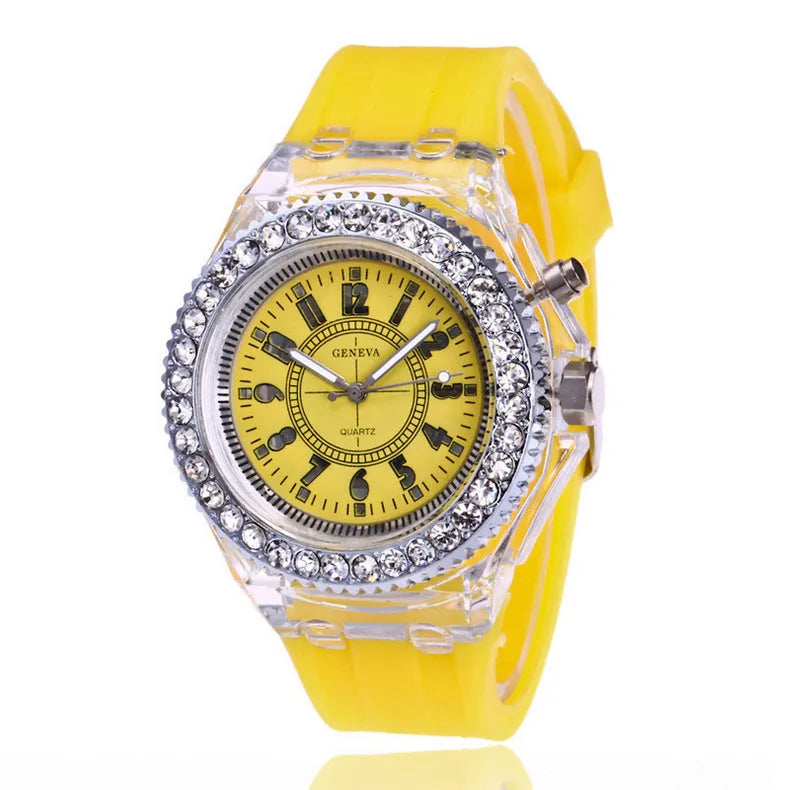 Women's LED luminous quartz watch with round 43mm alloy case and coloured silicone strap