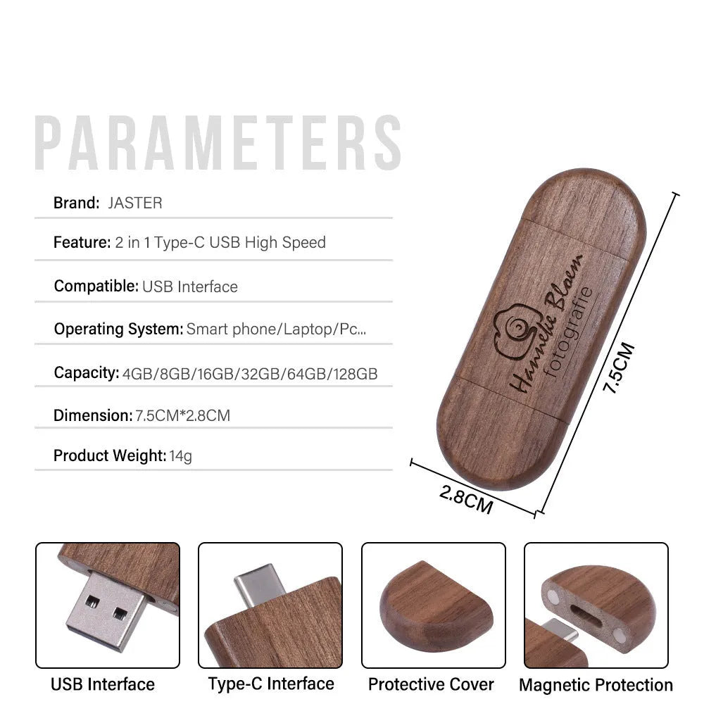 Wooden USB flash drive with carved maple box and USB-C connector for mobile phones