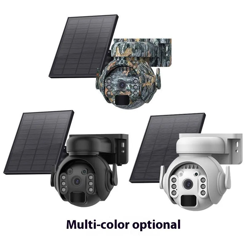 Solar security camera with night vision in camouflage colour with mobile phone showing remote viewing app